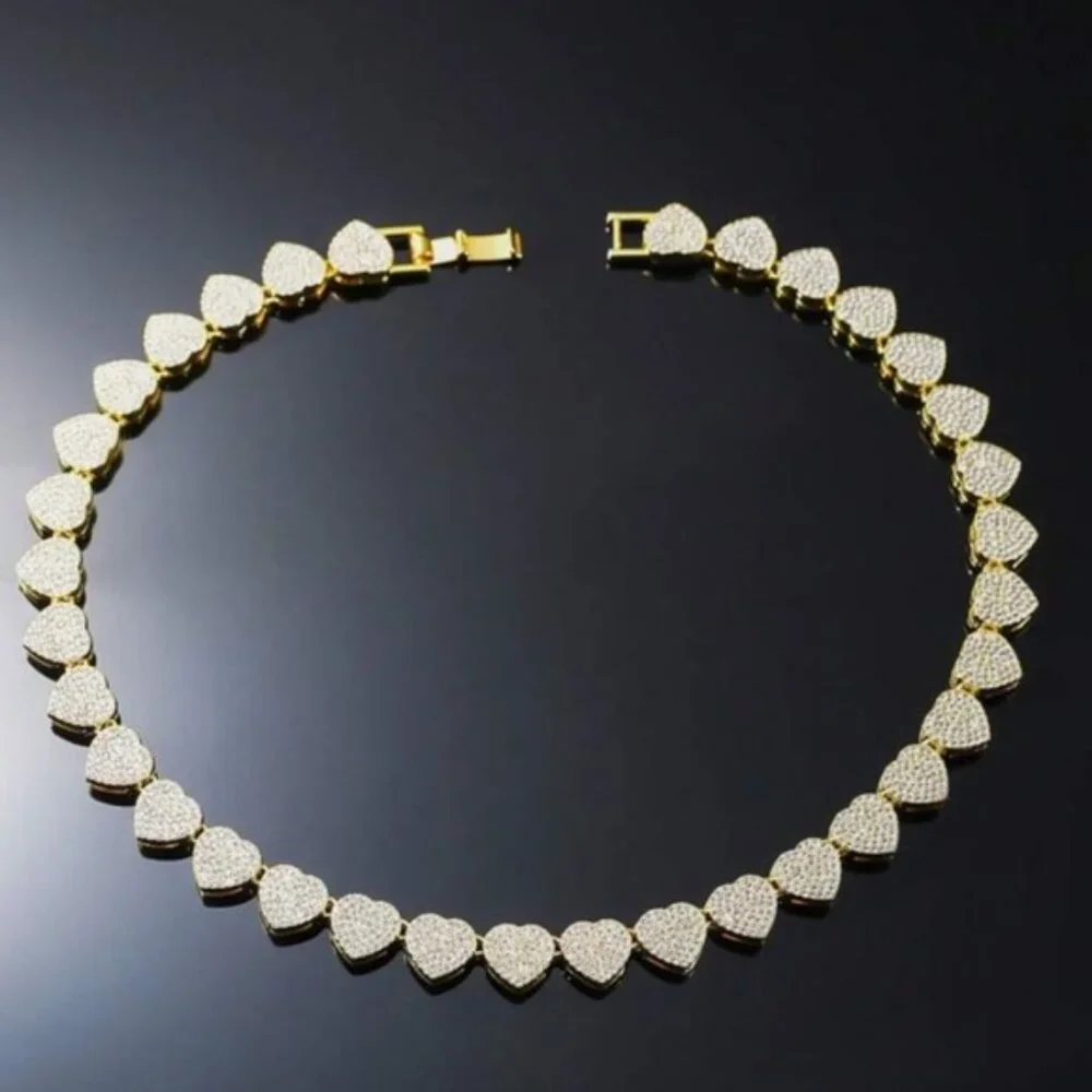 Gold Plated Heart Crystal Necklace Paved, Ice Out, Bling, Choker - Picture 13 of 14
